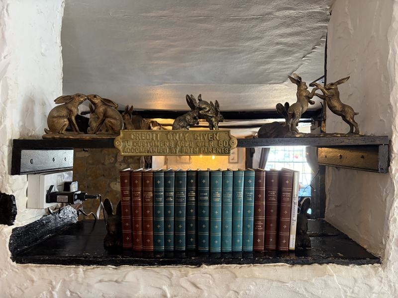 Old books and brass hares on a shelf